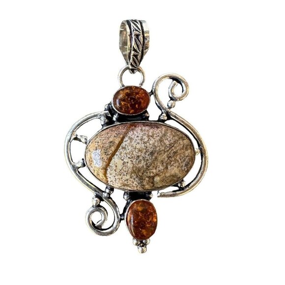 Necklace Pendant 2" Moss Jasper Amber Stone Cab Scroll Accent 925 Sterling 13.3g - Picture 1 of 8